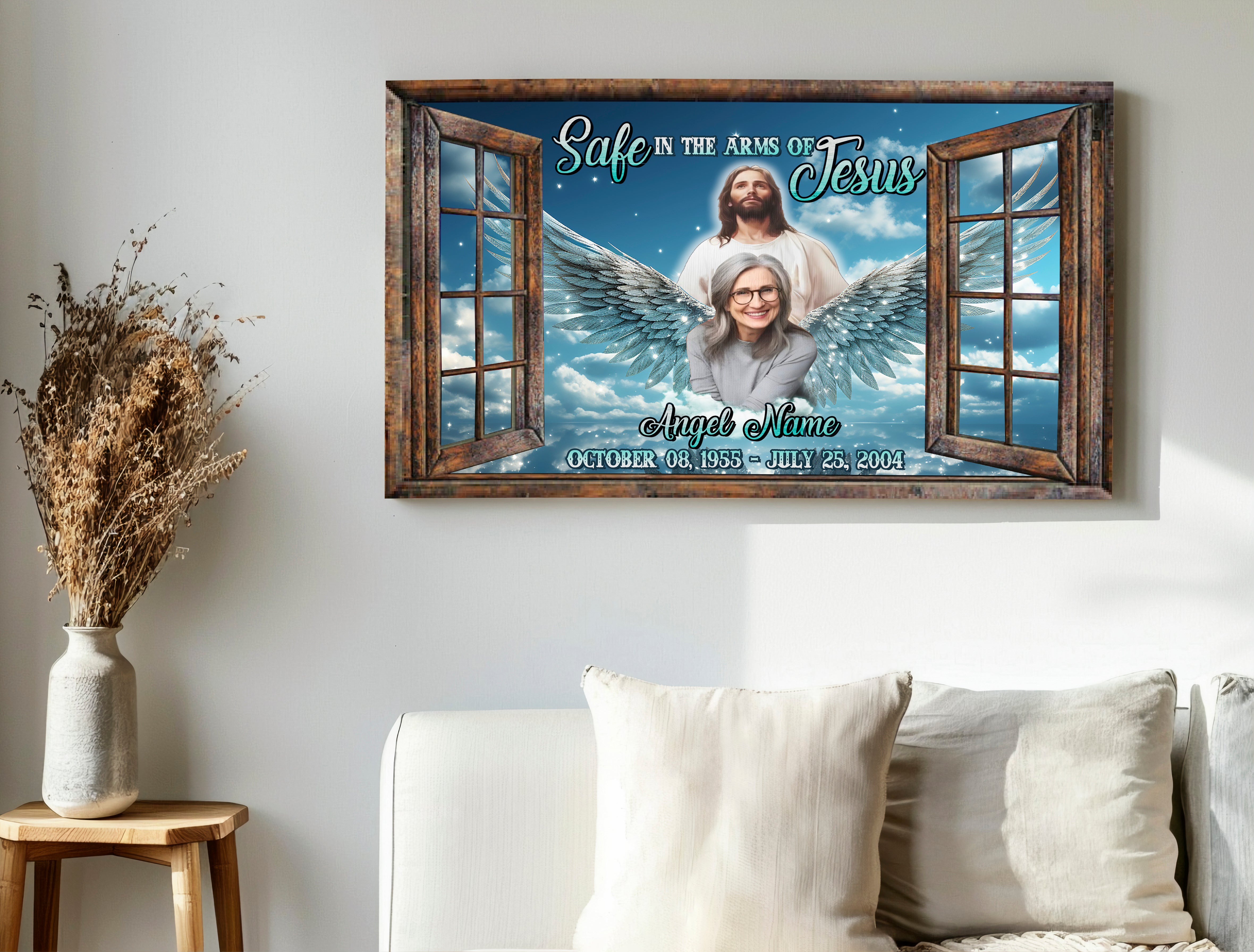 Personalized Memorial Canvas, Safe in the Arms of Jesus Canvas, Hislegend Canvas