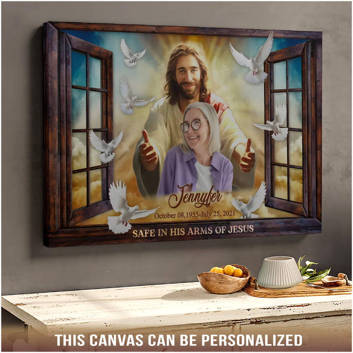 Personalized Memorial Canvas, Safe in Your Arms Of Jesus, Hislegend Canvas